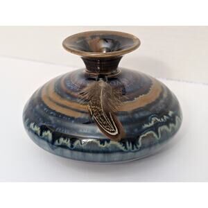 Vintage Butler Porter Studio Pottery Vase Blue Brown Drip Glaze With Feather